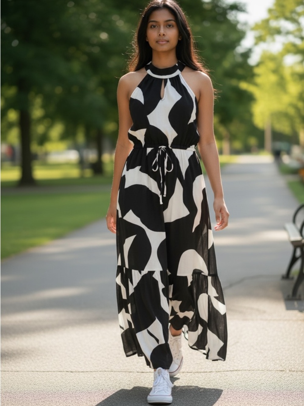 Time and Tru Black and White Halter Maxi Dress with Drawstring Waist